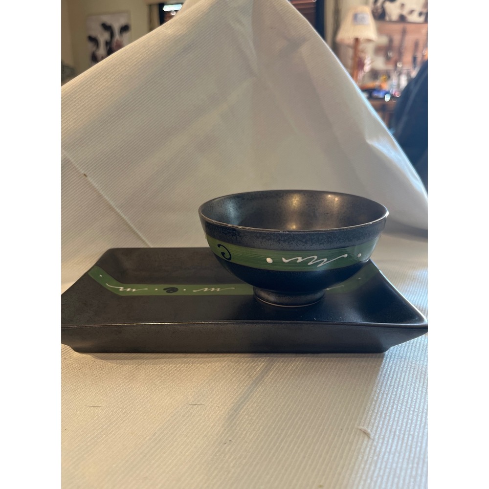 Japanese Style Ceramic Soup Bowl and Rectangular Appetizer Tray Set Black Green